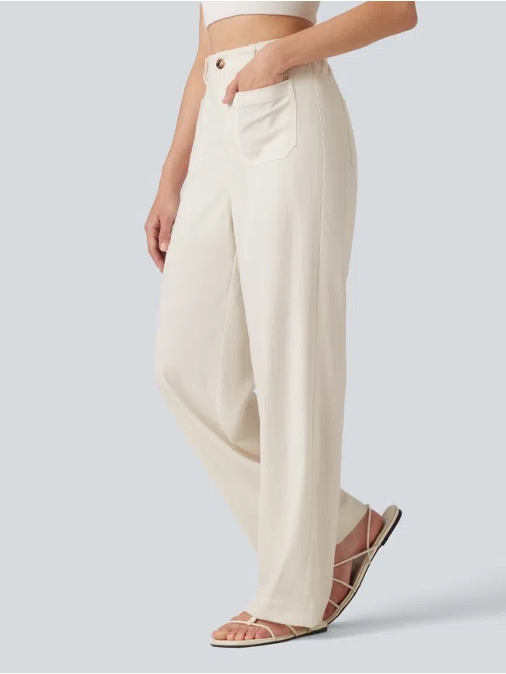 Halara Women’s High Waist Straight Leg Linen-Feel Pants With Pockets M Ivory NWT